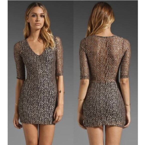 Nightcap by Carisa Rene Brown Cheetah Lace Deep V Neck Bodycon Mini Dress Med - Picture 2 of 11